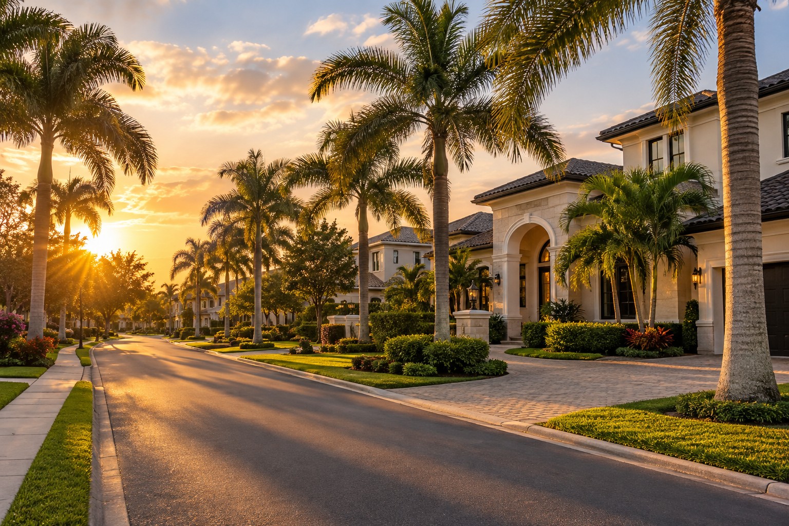 A tree-lined Central Florida luxury residential street, illustrative