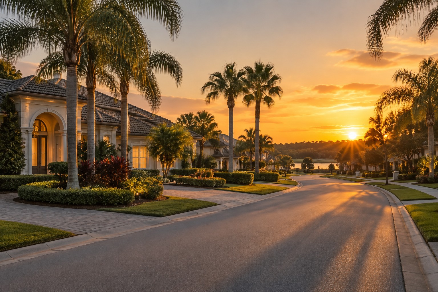 A Central Florida street at sunset, illustrative