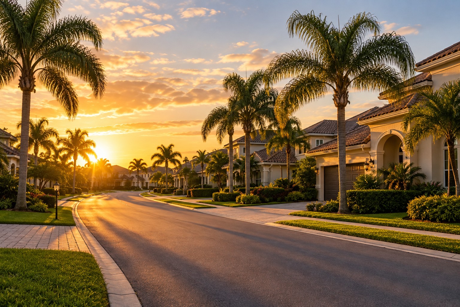 A Central Florida neighborhood street at golden hour, illustrative